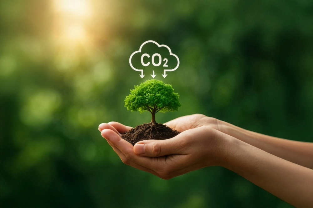 Mani che sorreggono un piccolo albero con simbolo CO₂ sopra, simbolo della CO₂ risparmiata grazie ad azioni ambientali sostenibili
